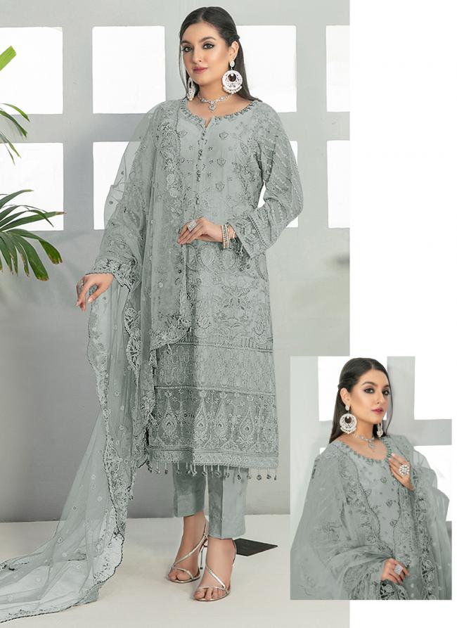 Fox Georgette Light Grey Festival Wear Embroidery Work Pakistani Suit 